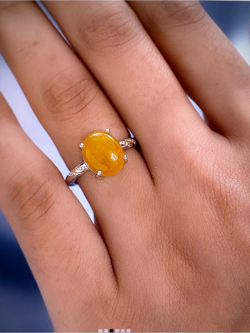 Yellow Jade D’Joy Cabochon Gemstone Ring in Silver Band Sz 5